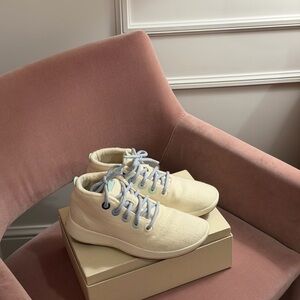 AllBirds Cream High-Top Sneakers with Blue Laces